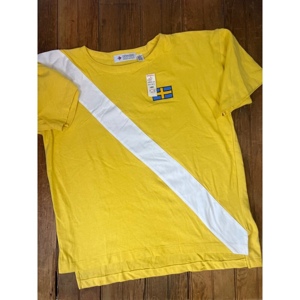 Vintage 80s Bjorn Borg Tee tennis Yellow mens with White Diagonal Stripe NWT